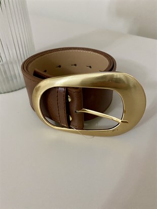 Kahve Gold Büyük Tokalı Deri Kemer