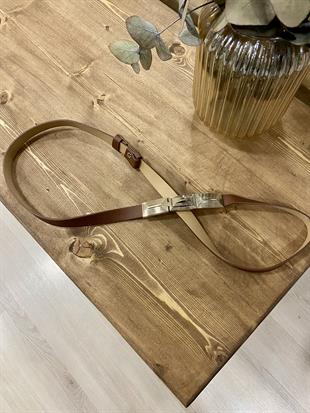 Kahve Gold Kaplama İnce Deri Kemer