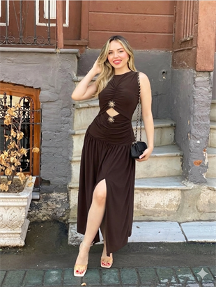 Kahve Güneş Aksesuarlı Likralı Sandy Elbise
