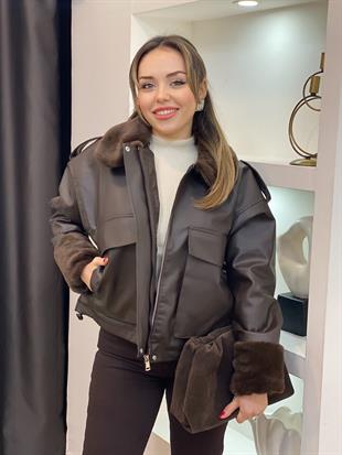 Kahve İçi Full Kürklü Deri Mont 