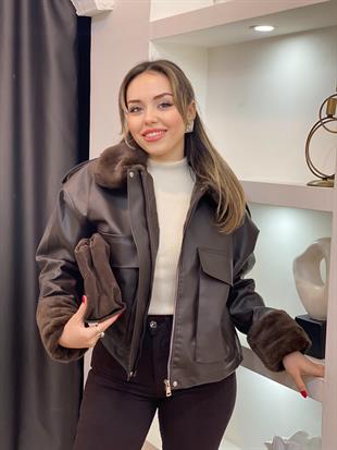 Kahve İçi Full Kürklü Deri Mont 