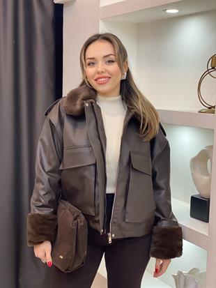 Kahve İçi Full Kürklü Deri Mont 