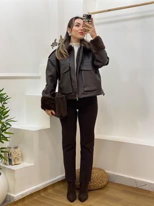 Kahve İçi Full Kürklü Deri Mont 