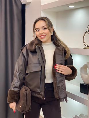 Kahve İçi Full Kürklü Deri Mont 