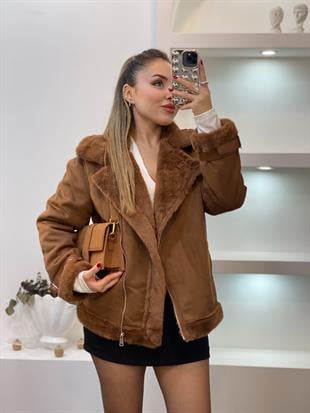 Kahve İçi Kürklü Lamineli Süet Mont