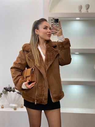 Kahve İçi Kürklü Lamineli Süet Mont
