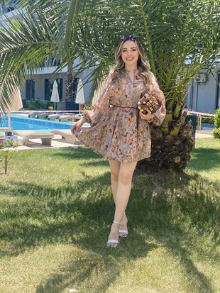 Kahve İnce Vual Kumaş Kuşaklı Elbise