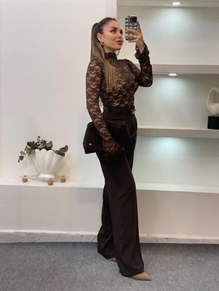 Kahve İspanyol Kol Dantel Bluz