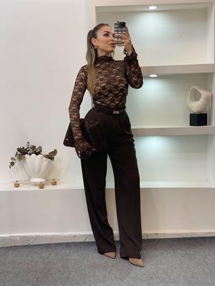 Kahve İspanyol Kol Dantel Bluz