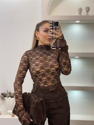 Kahve İspanyol Kol Dantel Bluz