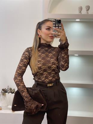 Kahve İspanyol Kol Dantel Bluz