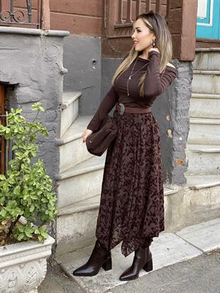 Kahve Kabartma Desenli Etek