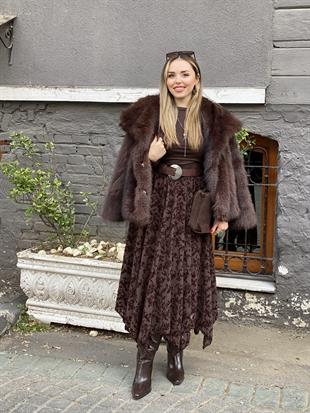 Kahve Kabartma Desenli Etek