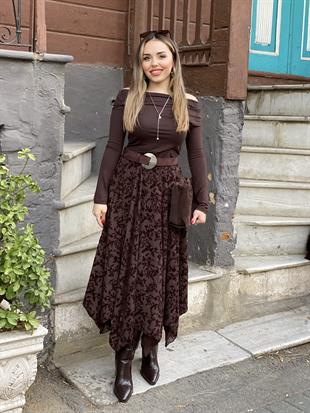 Kahve Kabartma Desenli Etek