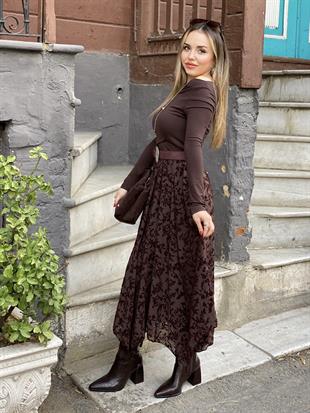 Kahve Kabartma Desenli Etek