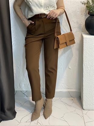 Kahve Kemerli Arka Beli Lastikli Kumaş Pantolon 