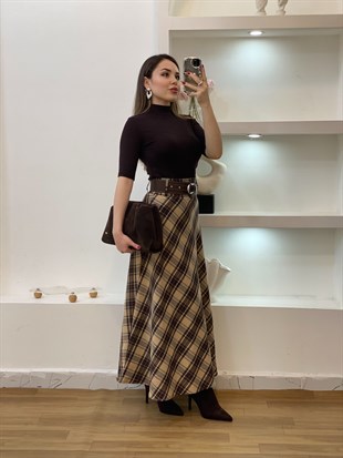 Kahve Kemerli Ekose Desen Dokuma Kumaş Etek
