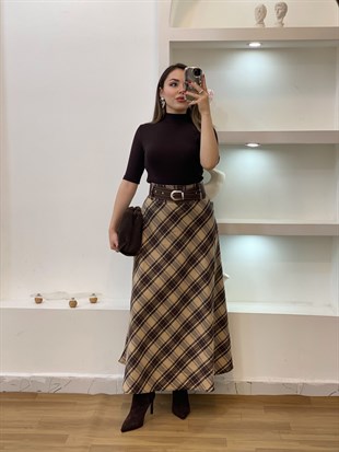 Kahve Kemerli Ekose Desen Dokuma Kumaş Etek