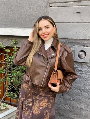 Kahve Kemerli Premium Deri Ceket 