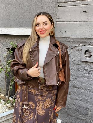 Kahve Kemerli Premium Deri Ceket 