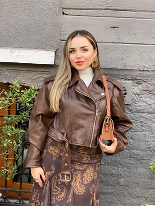 Kahve Kemerli Premium Deri Ceket 