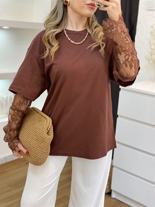 Kahve Kolları Dantel Detaylı Pamuklu Tshirt 