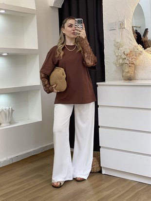 Kahve Kolları Dantel Detaylı Pamuklu Tshirt 