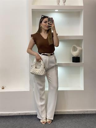 Kahve Kolları Delikli Model Triko Bluz
