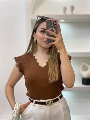 Kahve Kolları Delikli Model Triko Bluz