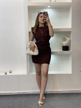 Kahve Kolları Volanlı Jean Elbise