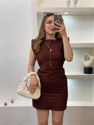 Kahve Kolları Volanlı Jean Elbise