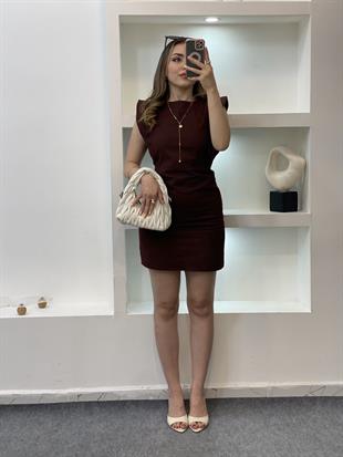 Kahve Kolları Volanlı Jean Elbise