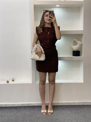 Kahve Kolları Volanlı Jean Elbise
