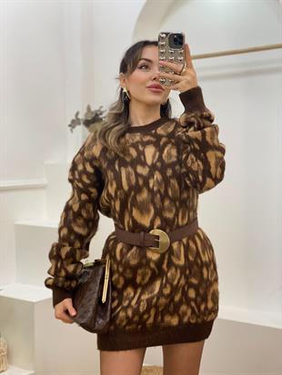 Kahve Leo Desen Kaşmir Dokulu Kazak