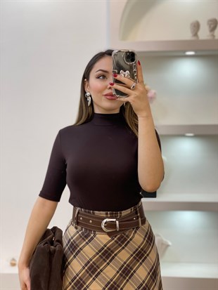 Kahve Likralı Premium Yarım Boğazlı Bluz