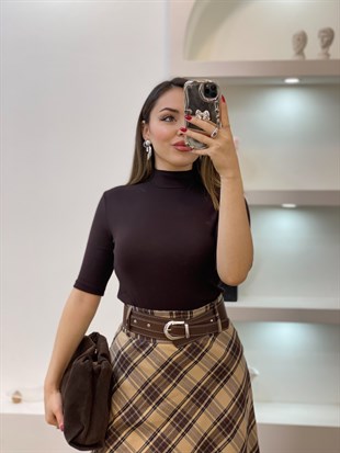 Kahve Likralı Premium Yarım Boğazlı Bluz
