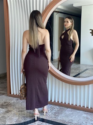 Kahve Likralı Sırt Dekolteli Elbise