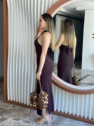 Kahve Likralı Sırt Dekolteli Elbise