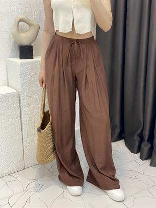 Kahve Lüx Kalite Arka Beli Lastikli Palazzo Pantolon 