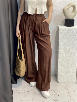 Kahve Lüx Kalite Arka Beli Lastikli Palazzo Pantolon 