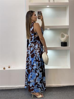 Kahve Mavi Kontrast Fularlı Elbise