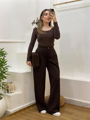 Kahve Modal Kumaş Arka Beli Lastikli Palazzo Pantolon 
