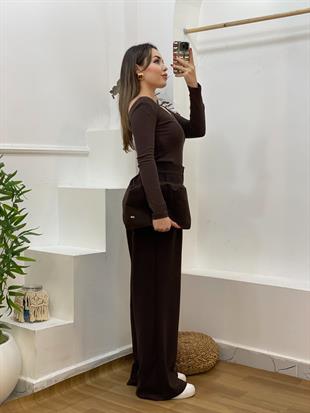 Kahve Modal Kumaş Arka Beli Lastikli Palazzo Pantolon 