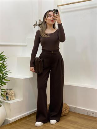 Kahve Modal Kumaş Arka Beli Lastikli Palazzo Pantolon 