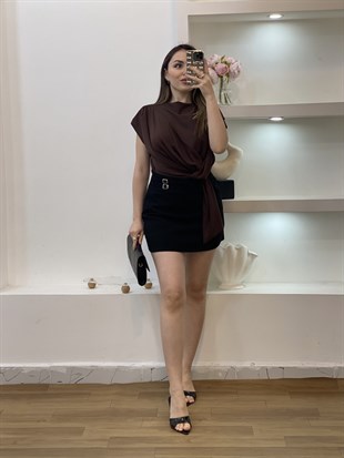 Kahve Modal Kumaş Düğümlü Model Bluz