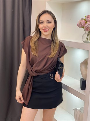 Kahve Modal Kumaş Düğümlü Model Bluz