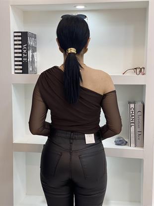 Kahve Mumlu Yüksek Bel Boyfit Jean 