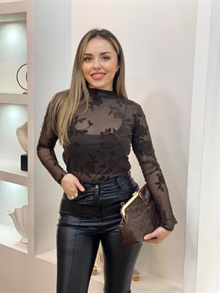 Kahve Nakışlı Transparan Bluz