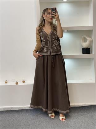 Kahve Nakışlı Yelek Etek Keten Takım