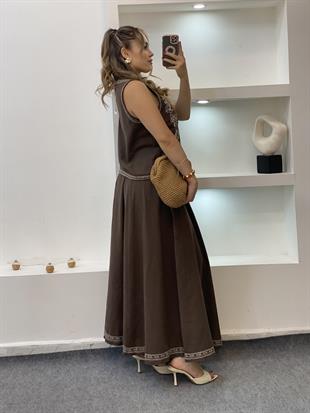 Kahve Nakışlı Yelek Etek Keten Takım